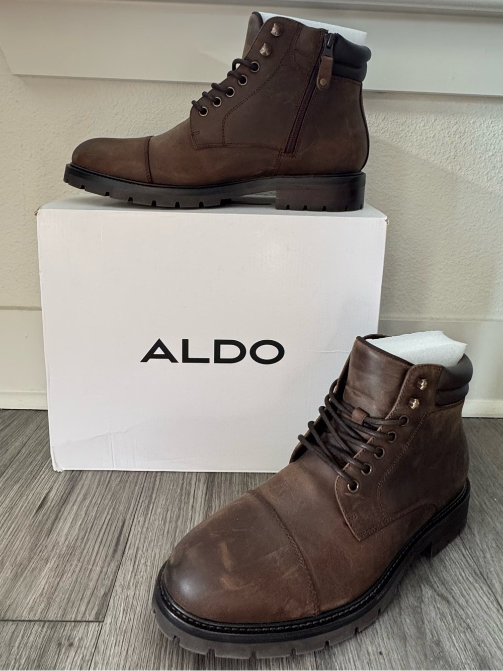 ALDO Men's Dark Brown Leather Lace-Up Combat Boots